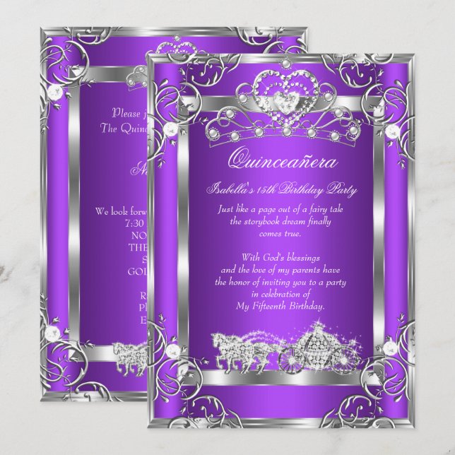 Invitation Princesse Quinceanera 15e Parti Purple Silver (Devant / Derrière)