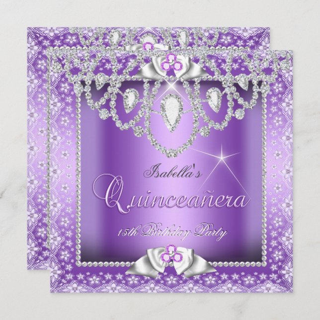 Invitation Princesse Quinceanera 15ème dentelle violette Diam (Devant / Derrière)