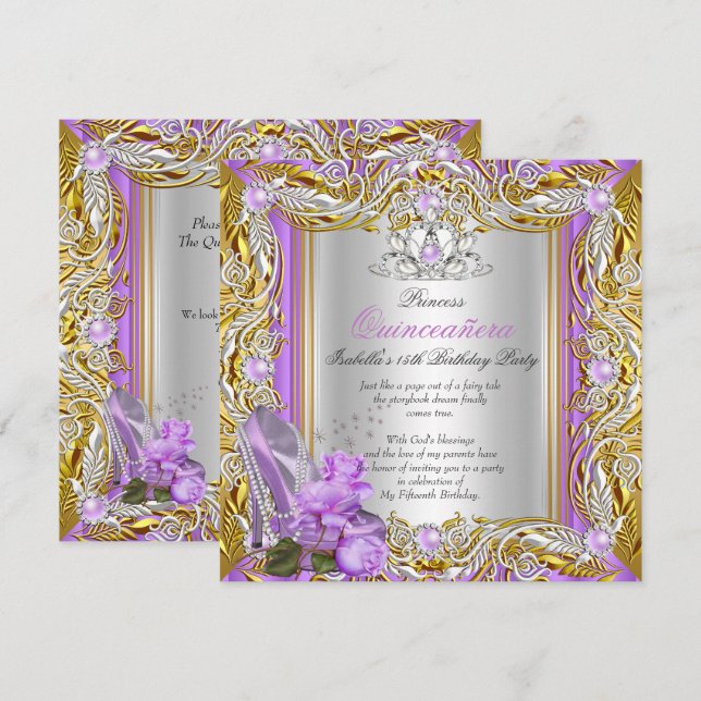 Invitation Princesse Quinceanera Anniversaire Purple Rose Gol (Devant / Derrière)