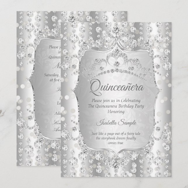Invitation Princesse Quinceanera diamant argent blanc tiara (Devant / Derrière)