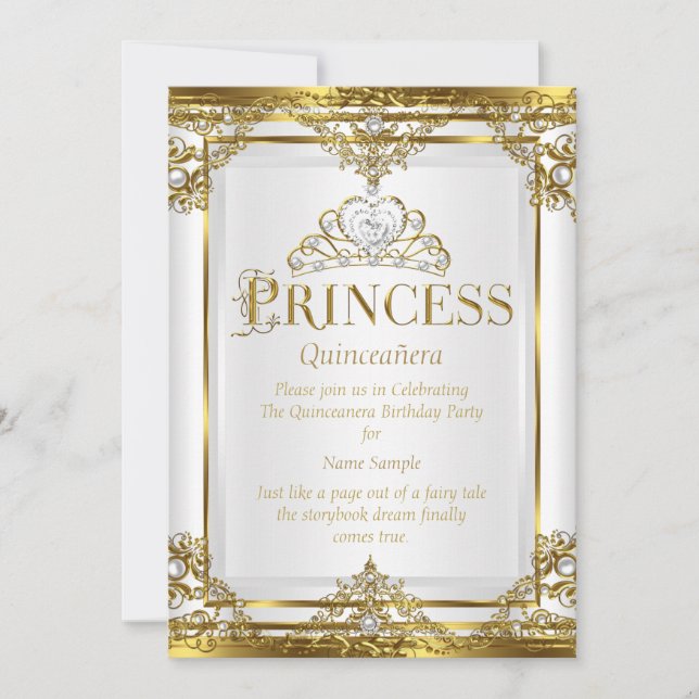 Invitation Princesse Quinceanera Elegant Gold White Pearl 2 (Devant)