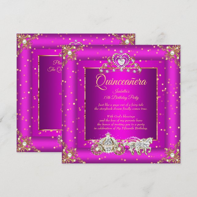 Invitation Princesse Quinceanera Elite Magenta Gold Sparkle (Devant / Derrière)