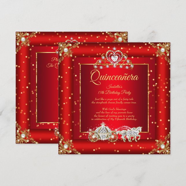 Invitation Princesse Quinceanera Elite Regal Rouge or étincel (Devant / Derrière)