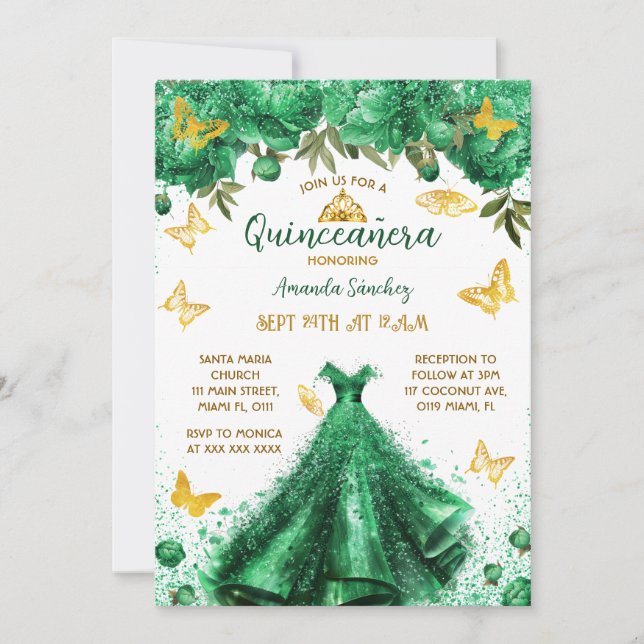 Invitation Princesse Quinceanera Green Floral (Devant)