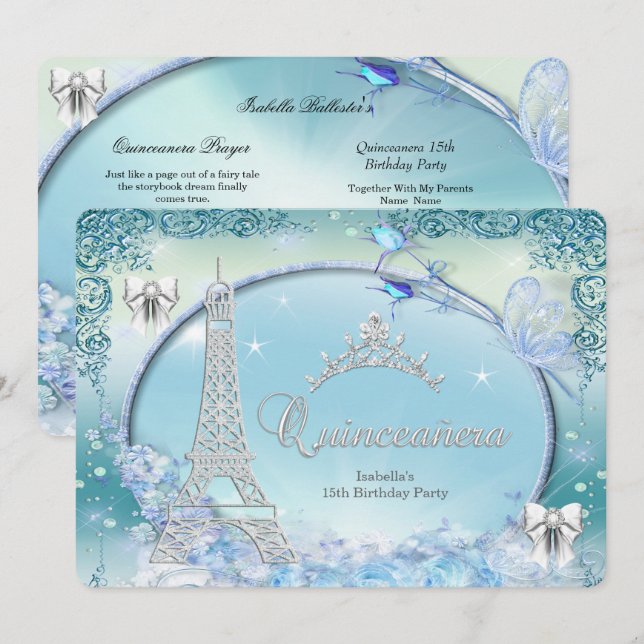 Invitation Princesse Quinceanera Magique Turquoise bleu argen (Devant / Derrière)