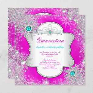 Invitation Princesse Quinceanera Pink Turquoise Winter Wonder