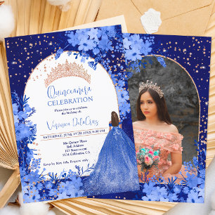 Invitation princesse quinceanera rose de tiara à fleurs bleu 
