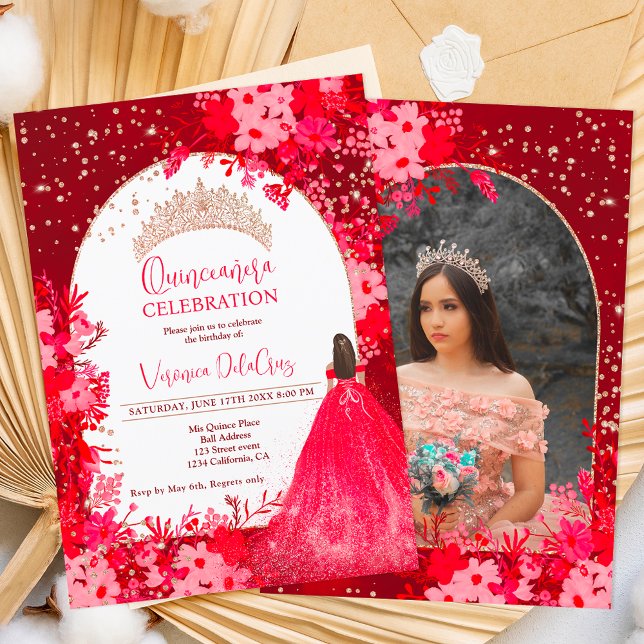 Invitation princesse quinceanera rose de tiara rouge or rouge (Créateur téléchargé)