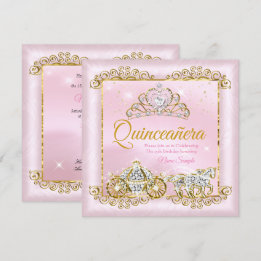 Invitation Princesse Quinceanera Rose Poudré Calèche Or Rose