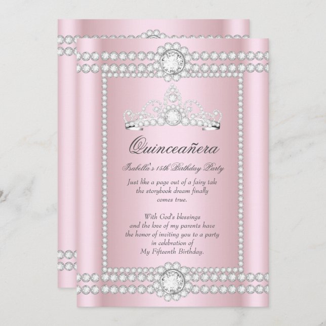 Invitation Princesse Quinceanera Rose Silver Diamond Tiara (Devant / Derrière)
