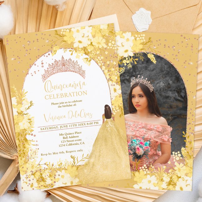 Invitation princesse quinceanera rose tiara jaune or fleuri (Créateur téléchargé)