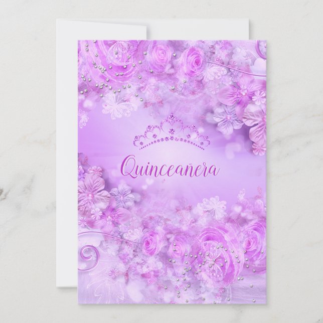 Invitation Princesse Quinceanera rose violet fleurs Tiara (Devant)