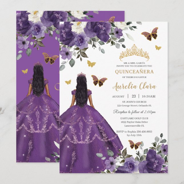 Invitation Princesse Quinceañera Rose violette robe or (Devant / Derrière)