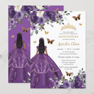 Invitation Princesse Quinceañera Rose violette robe or