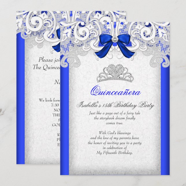Invitation Princesse Quinceanera Royal Blue 15e anniversaire (Devant / Derrière)