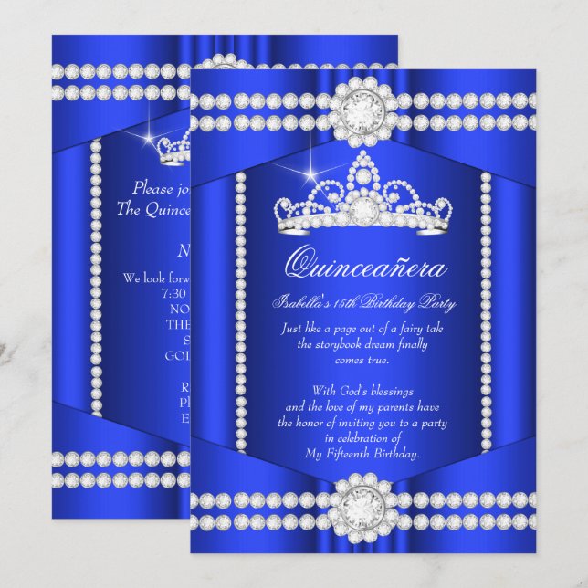 Invitation Princesse Quinceanera Royal Blue Diamond Tiara (Devant / Derrière)