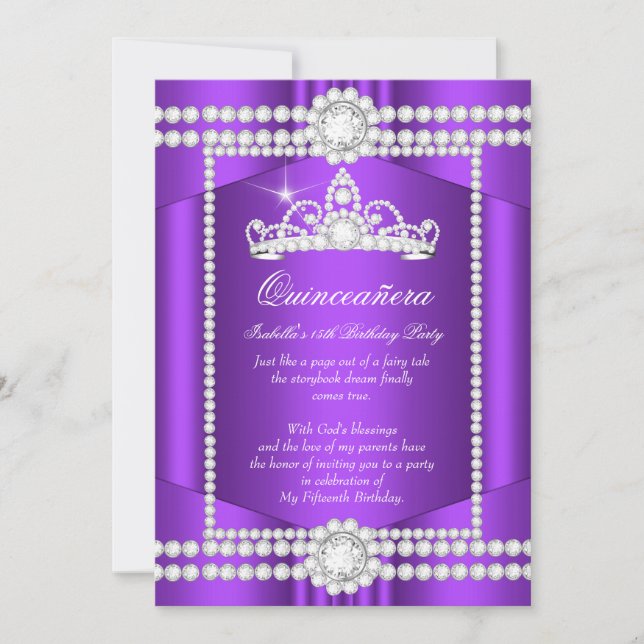 Invitation Princesse Quinceanera violet blanc diamant Tiara (Devant)
