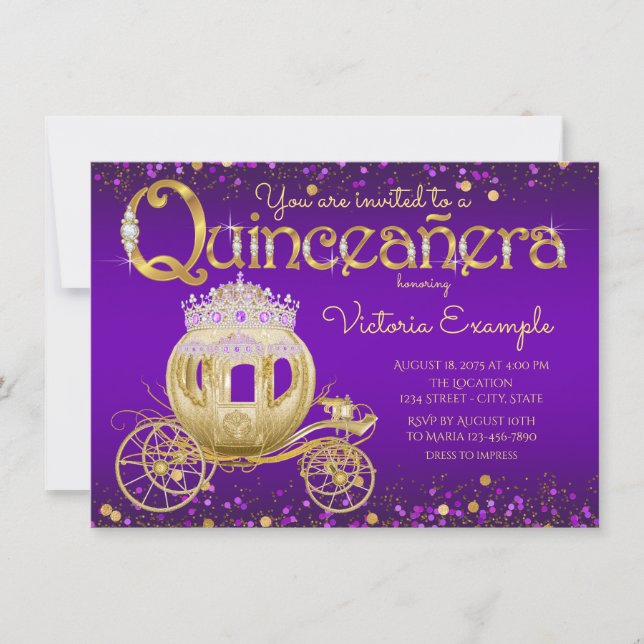 Invitation Princesse Quinceanera violet et or (Devant)