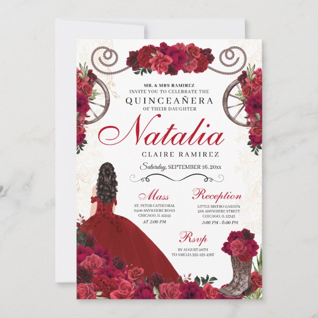 Invitation Princesse Ranchero Rouge Quinceanera (Devant)