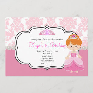 Invitation Princesse rose Cheveux rouge Damas et perles