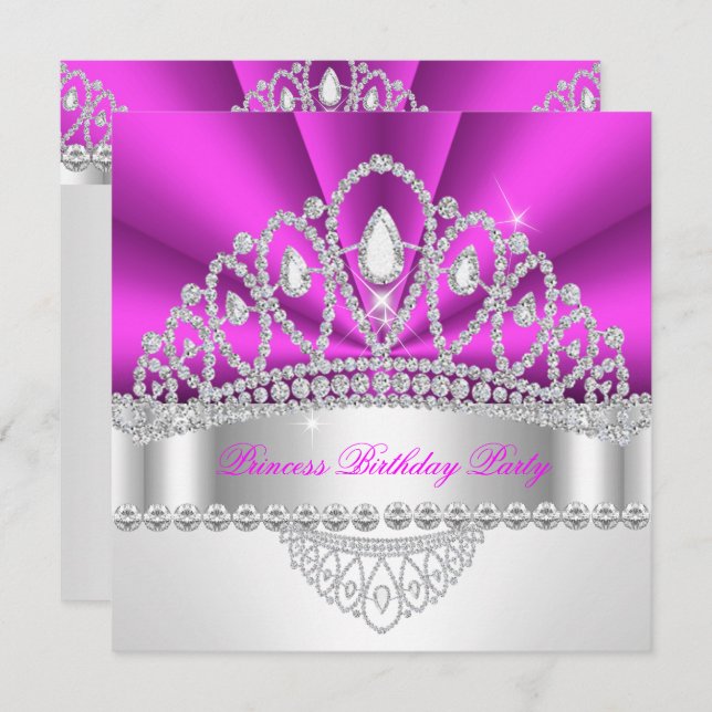 Invitation Princesse Rose Diamant Tiara fête d'anniversaire (Devant / Derrière)