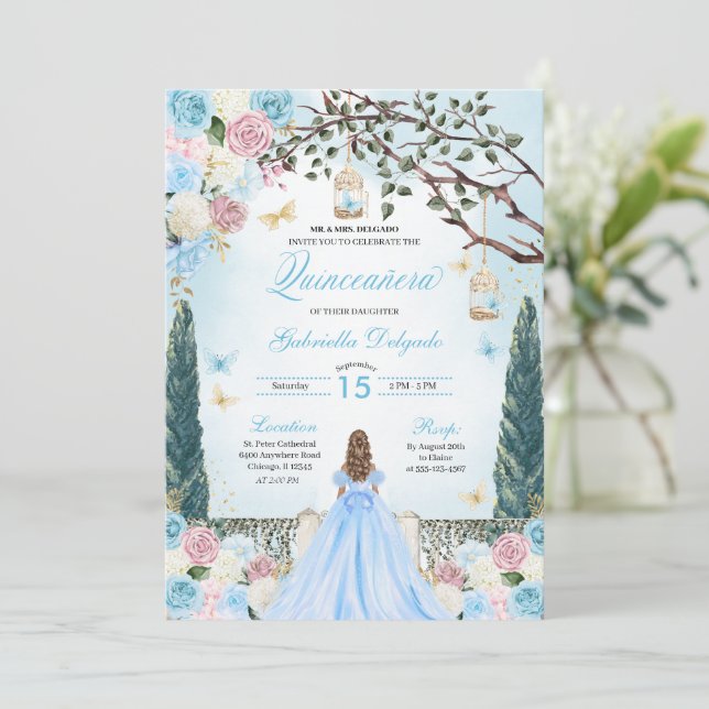 Invitation Princesse rose et bleue Jardin enchanté Quinceaner (Debout devant)
