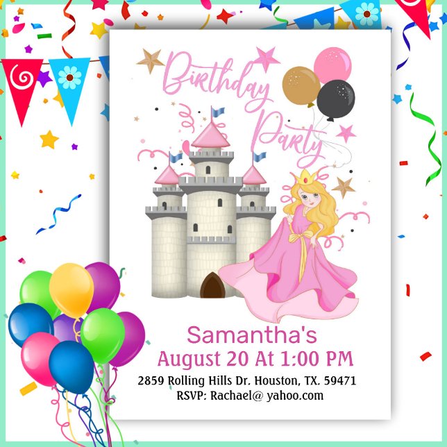Invitation Princesse Rose Et Castle Girl Anniversaire (Créateur téléchargé)