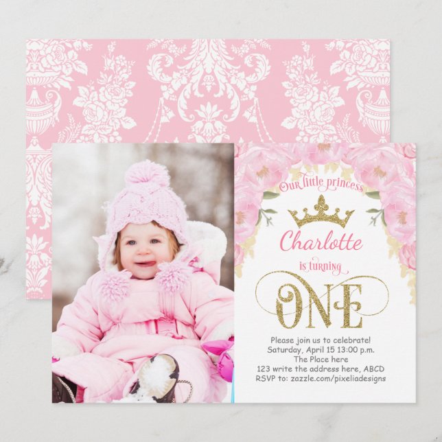 Invitation Princesse rose et or 1er anniversaire (Devant / Derrière)