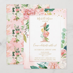 Invitation Princesse rose et or Floral Premier anniversaire