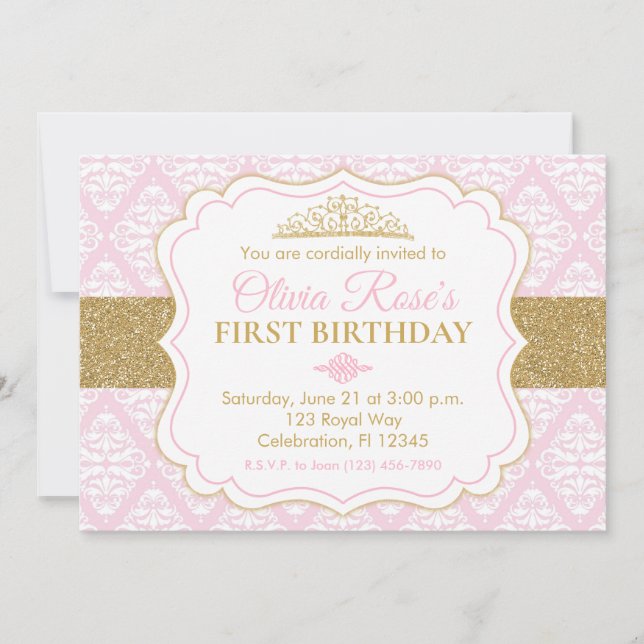 Invitation Princesse rose et or Premier anniversaire (Devant)