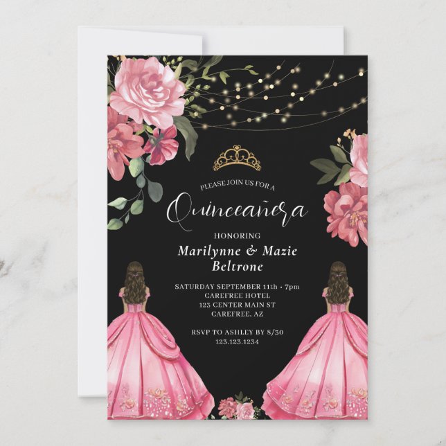 Invitation Princesse rose Floral Twins Quinceañera (Devant)