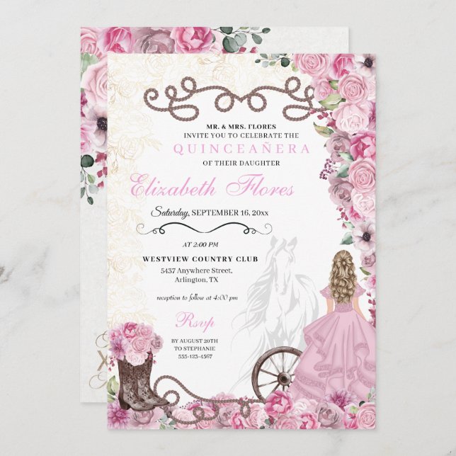 Invitation Princesse rose occidentale Floral Charra Quinceañe (Devant / Derrière)