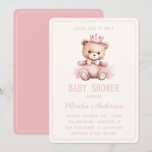 Invitation Princesse rose ours Bébé Baby shower fille (Devant / Derrière)