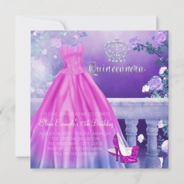 Invitation Princesse rose pourpre Quinceanera (Devant)