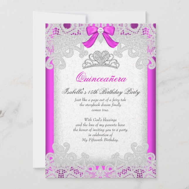 Invitation Princesse Rose Quinceanera Hot Rose Lace (Devant)