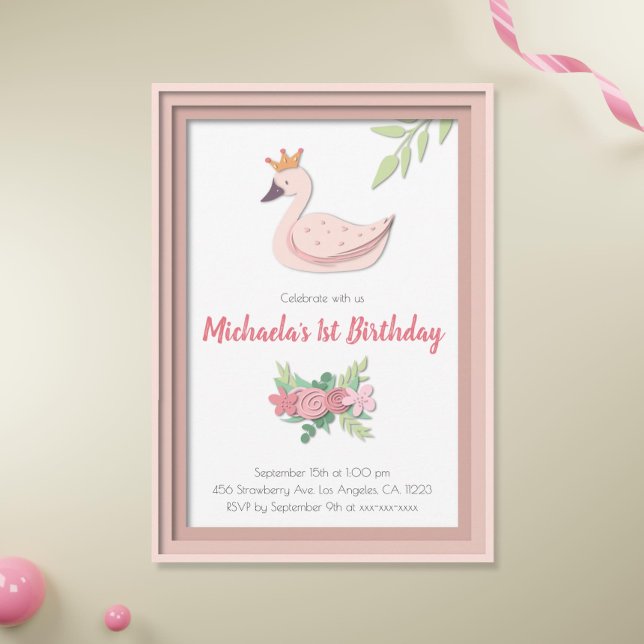 Invitation Princesse Rose Swan Floral Girl Premier anniversai (Créateur téléchargé)