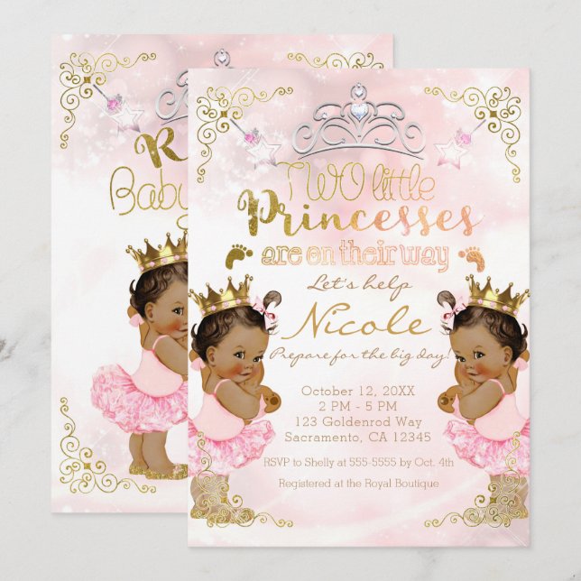 Invitation Princesse rose Tutu & Baby shower Couronne Twin Gi (Devant / Derrière)