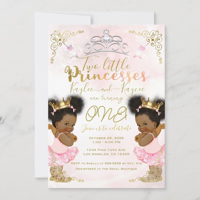 Invitation Princesse rose Tutu Couronne Twin Dark Skin Annive (Devant)