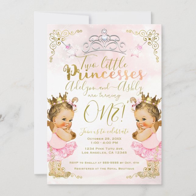 Invitation Princesse rose Tutu & Couronne Twin Girls Annivers (Devant)