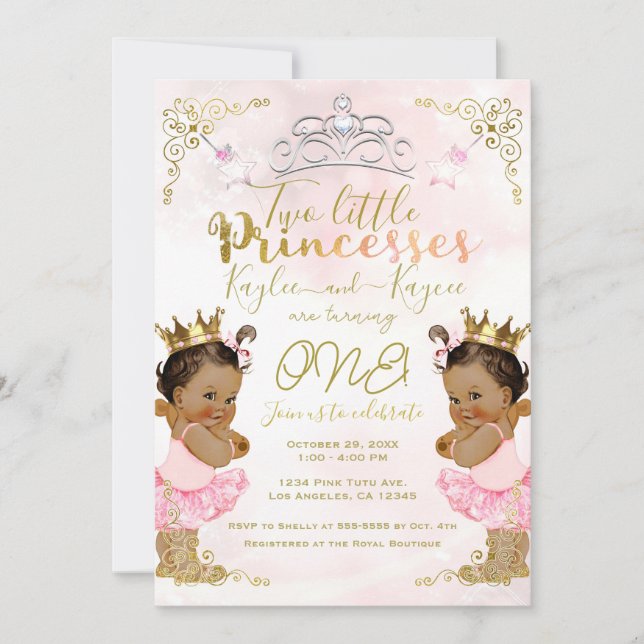 Invitation Princesse rose Tutu & Couronne Twin Girls Annivers (Devant)