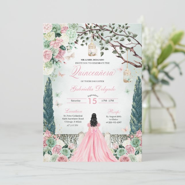 Invitation Princesse rose verte enchantée Jardin Quinceanera (Debout devant)