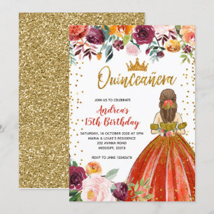 Invitation Princesse Rouge et Or Floral Quinceañera Anniversa