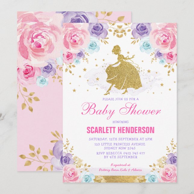 Invitation Princesse royale florale bleue pourpre rose baby (Devant / Derrière)