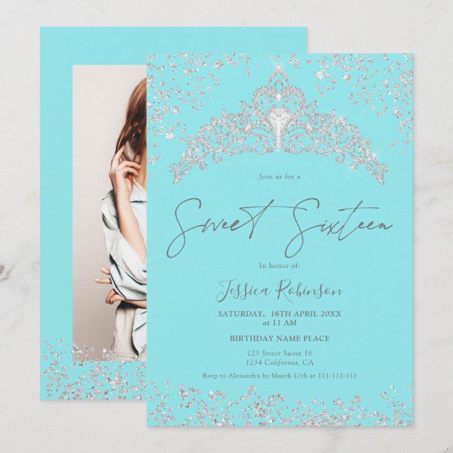 Invitation Princesse tiara argent parties scintillant marine  (Devant / Derrière)