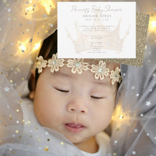 Invitation Princesse Tiara Glam Baby shower blanc et or
