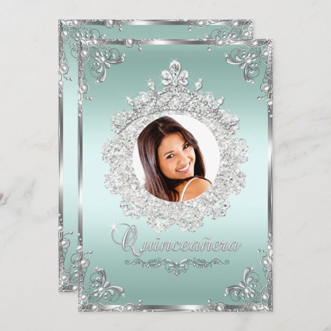 Invitation Princesse Tiara Mint Silver Sparkle Quinceanera (Devant / Derrière)