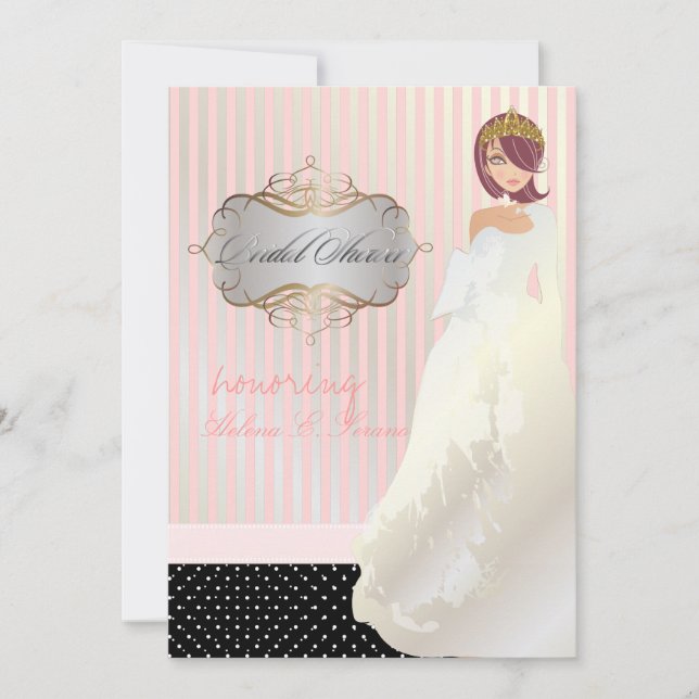 Invitation Princesse + tiara/rayures/pois/douche nuptiale (Devant)