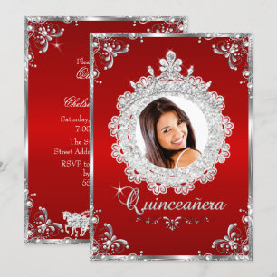 Invitation Princesse Tiara Red Silver Sparkle Quinceanera