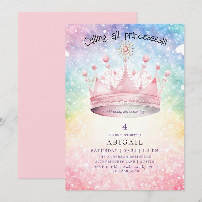 Invitation Princesse Tiara Rose Colorful Fête d'anniversaire (Devant / Derrière)