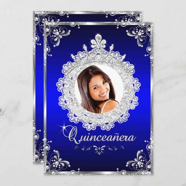 Invitation Princesse Tiara Royal Blue Sparkle Quinceanera (Devant / Derrière)